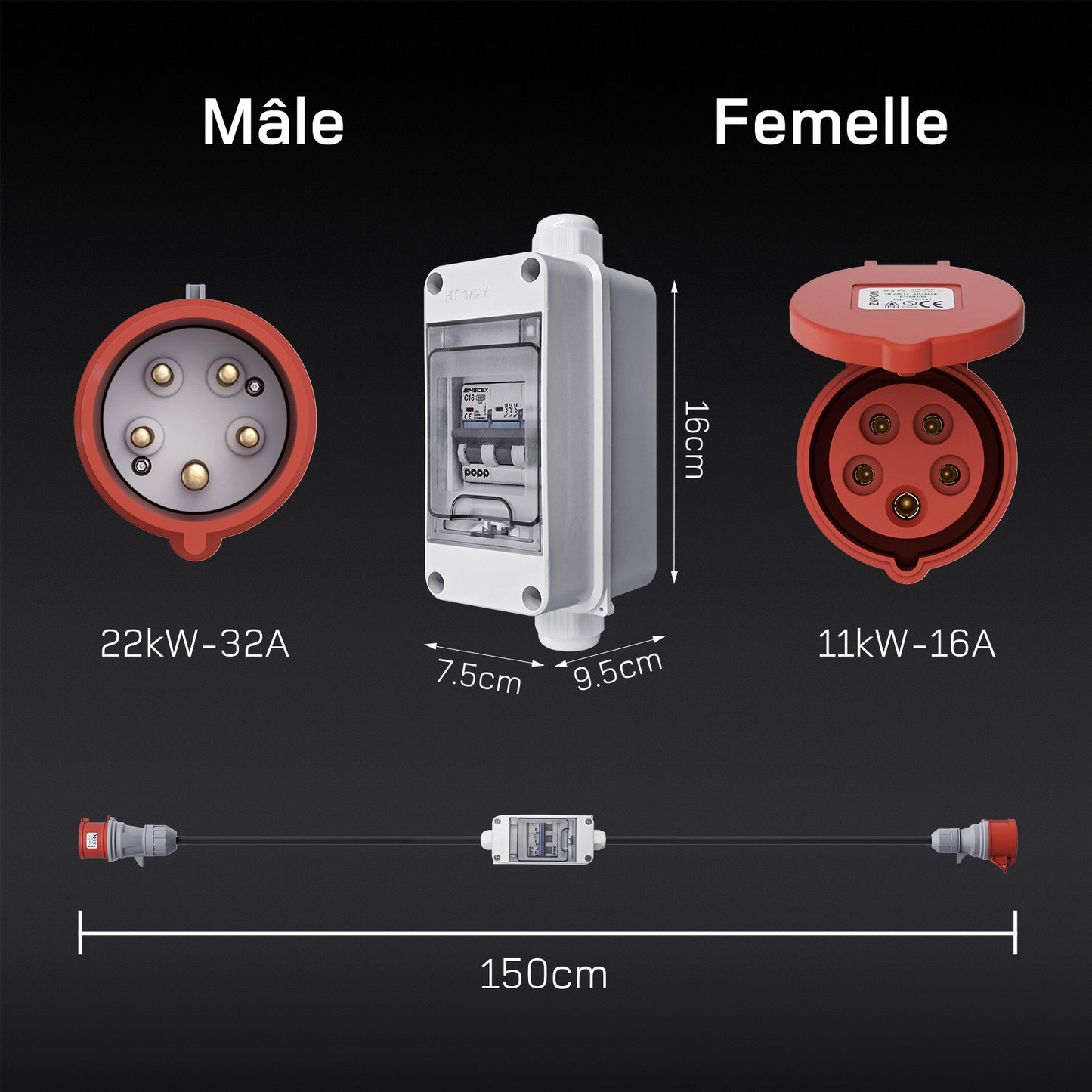 Adaptateur CEE 32A mâle à 16A femelle avec coupe-circuit automatique