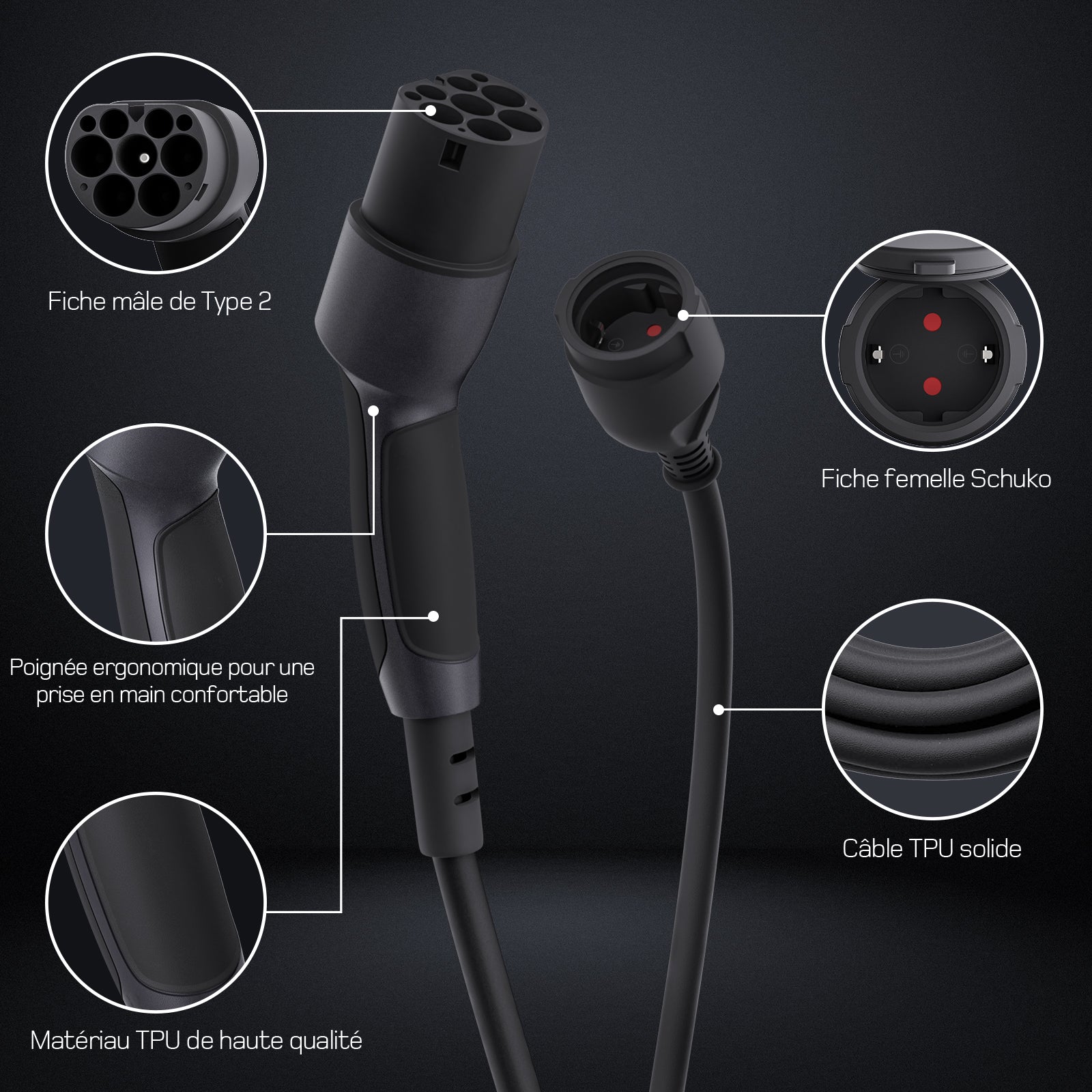 Adaptateur Type 2 vers Schuko - prise de charge pour voiture électrique