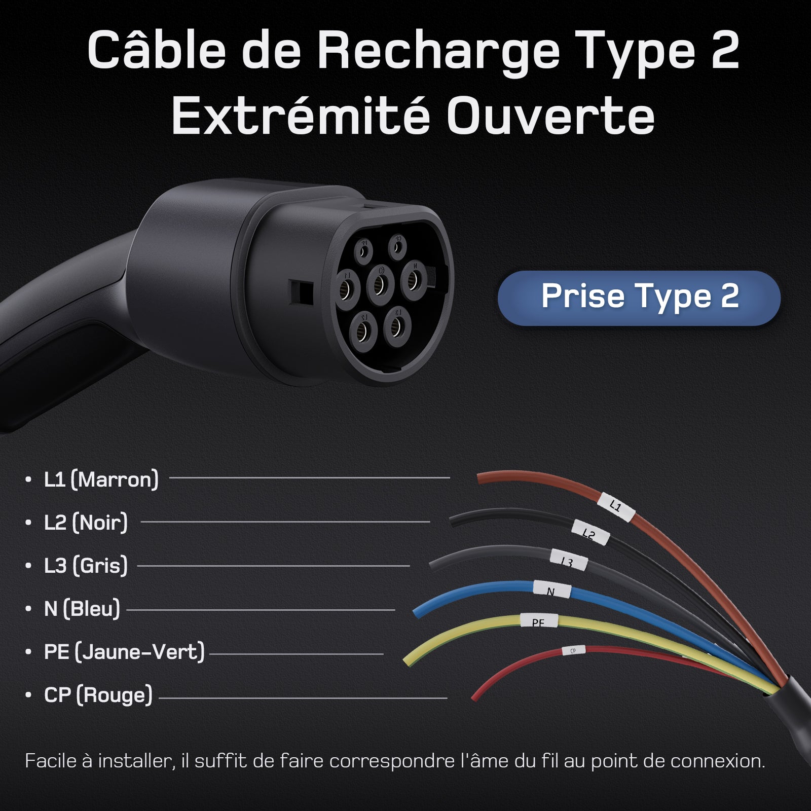 Câble de Recharge type 2 Extrémité Ouverte 11kW