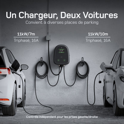 dé 2×11 kW Dual Wallbox avec contrôle APP et OCPP/RFID