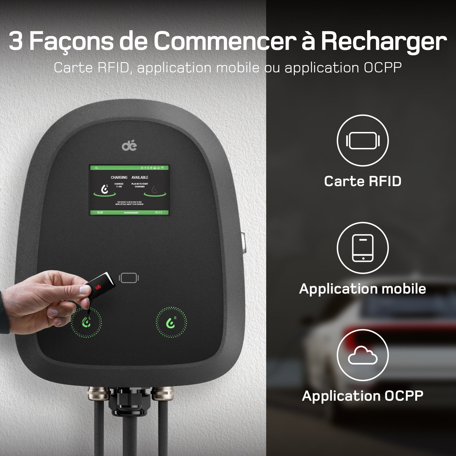 dé 2×11 kW Dual Wallbox avec contrôle APP et OCPP/RFID