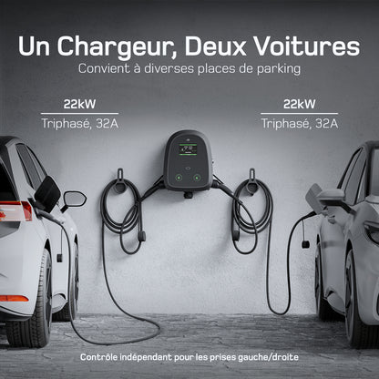 dé 2×22 kW Dual Wallbox avec contrôle APP et OCPP/RFID