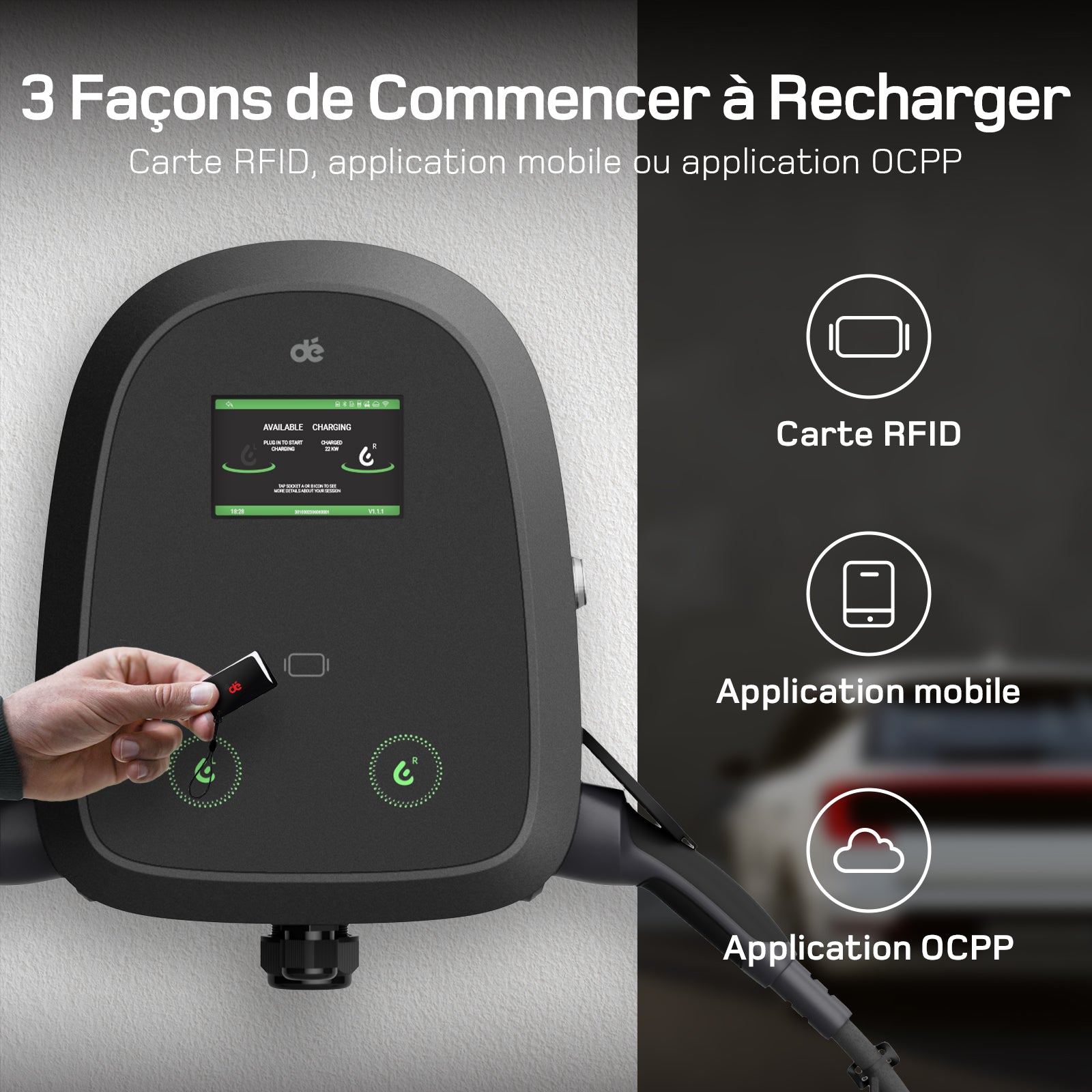 dé 2×22 kW Dual Wallbox avec contrôle APP et OCPP/RFID