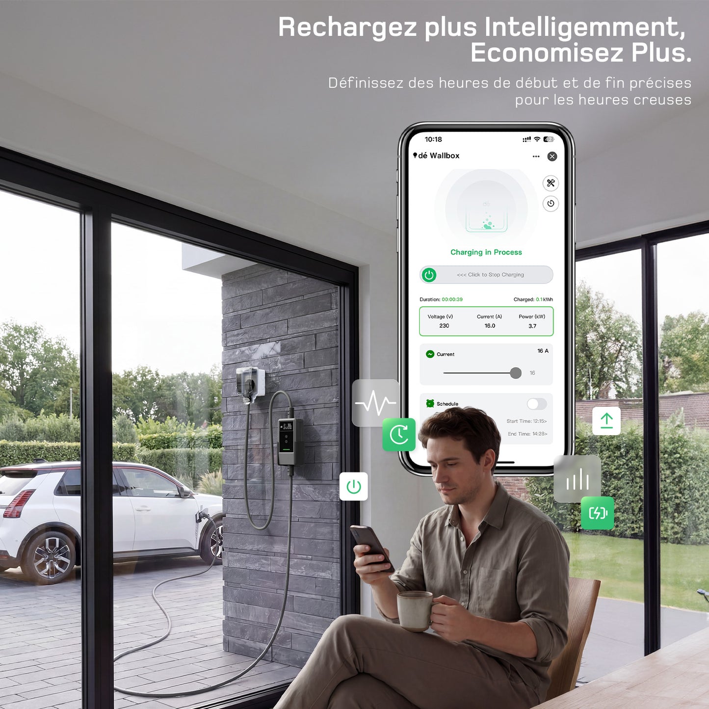 dé Chargeur Voiture Electrique 3,7kW v2– Type 2, idéal maison et voyage