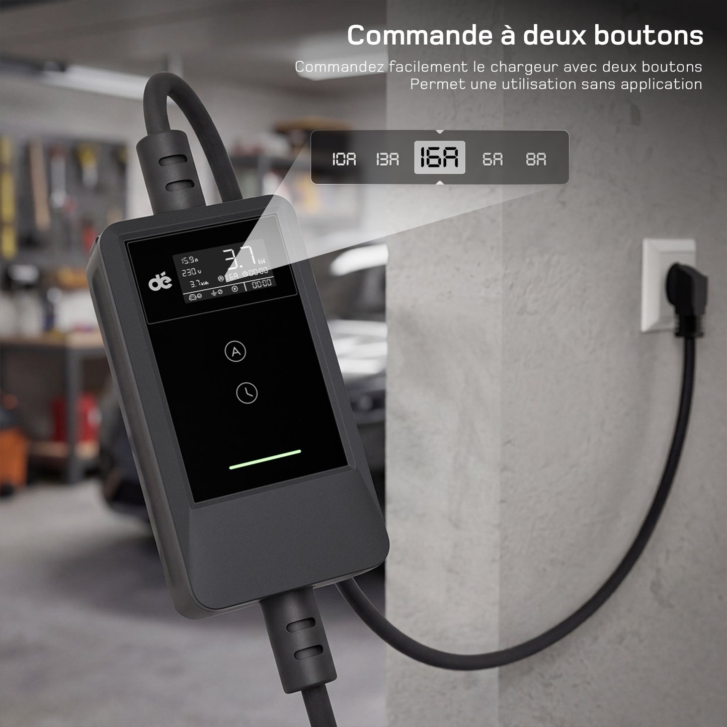 dé Chargeur Voiture Electrique 3,7kW v2– Type 2, idéal maison et voyage